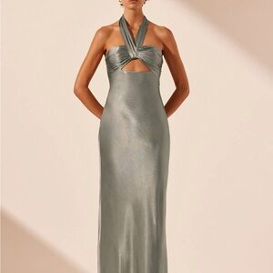 Shona Joy La Lune Ruched Halter Maxi Dress in Sage Green